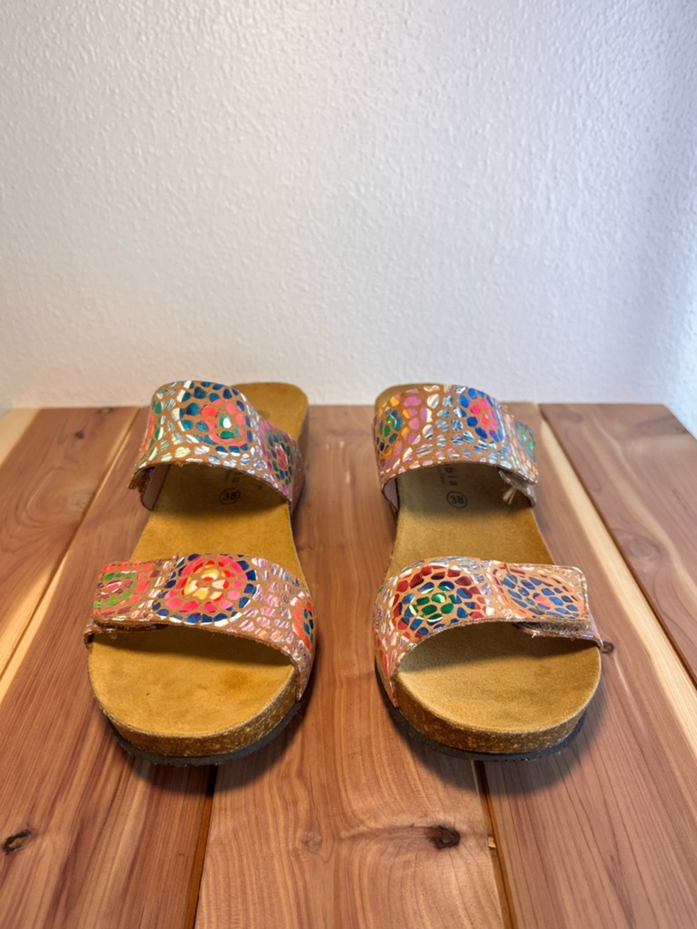 Eric Michael Multicolor Mosaic Leather Slide Sandals - Pink, Blue, Green, Orange